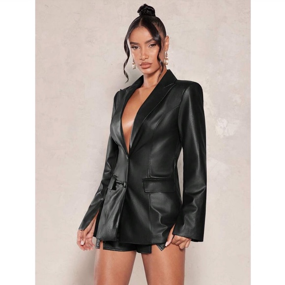 Black Faux Leather Jacket Blazer PU Leather - Picture 11 of 13